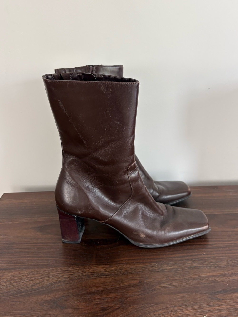 Women's Brown Leather Mid-Calf Block Heel Boots